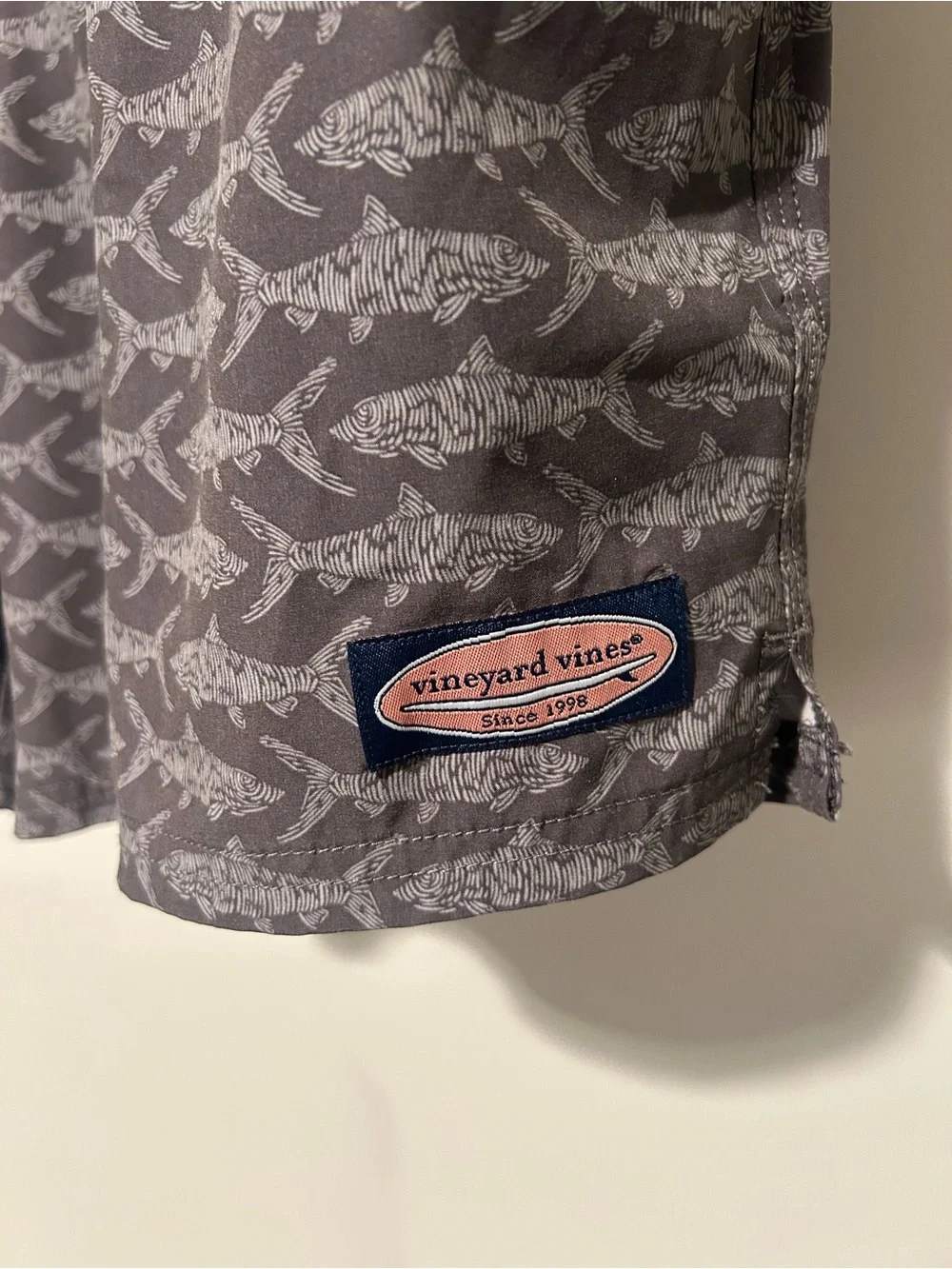 Vineyard Vines Gray & Black Shark-Print Swim Trunks